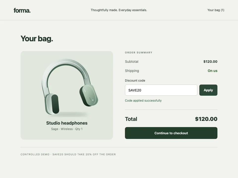 Actual browser capture: SAVE20 was accepted, but the total stayed at $120.00.